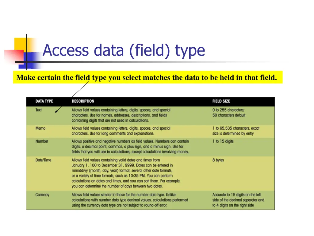 access data field type