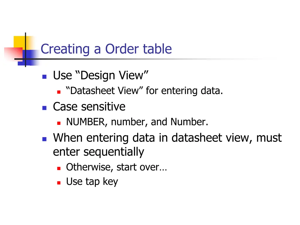 creating a order table 1