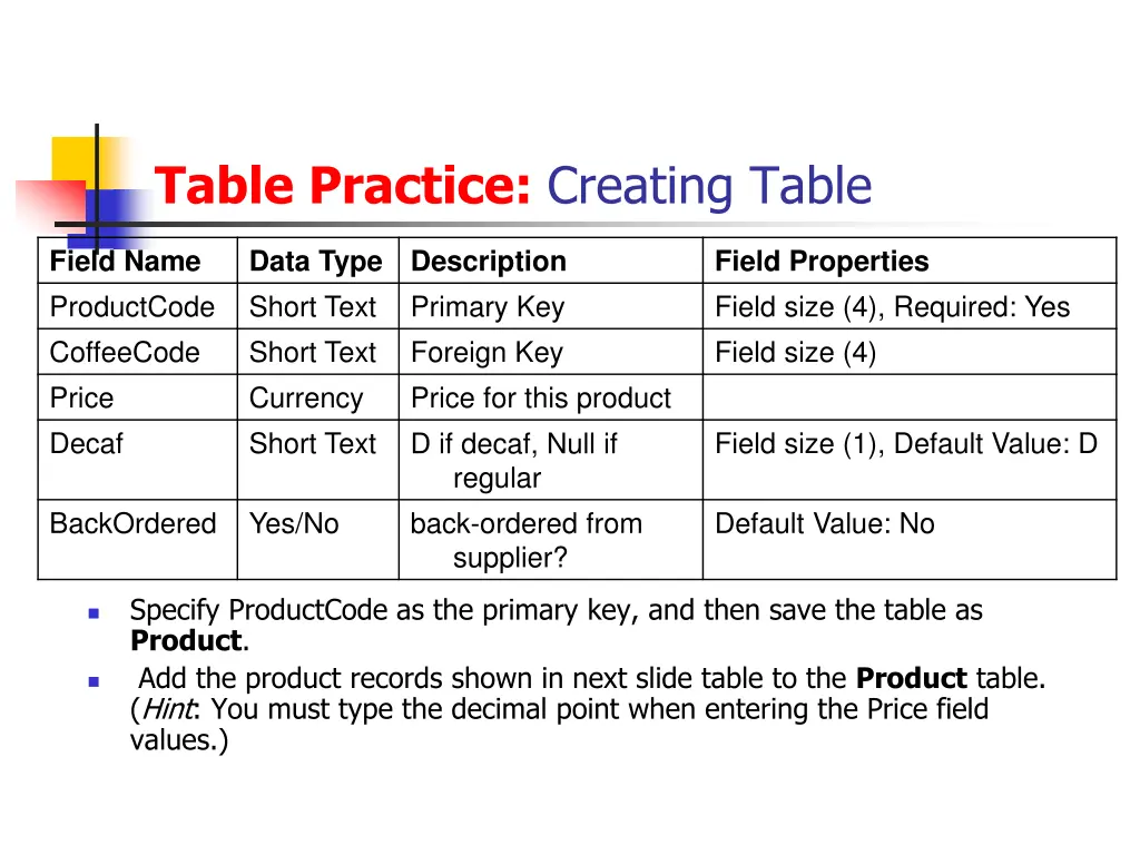 table practice creating table 1