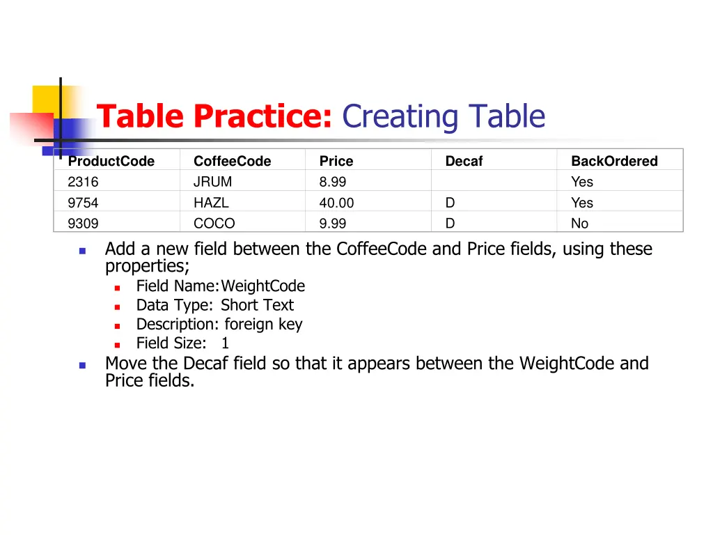 table practice creating table 2