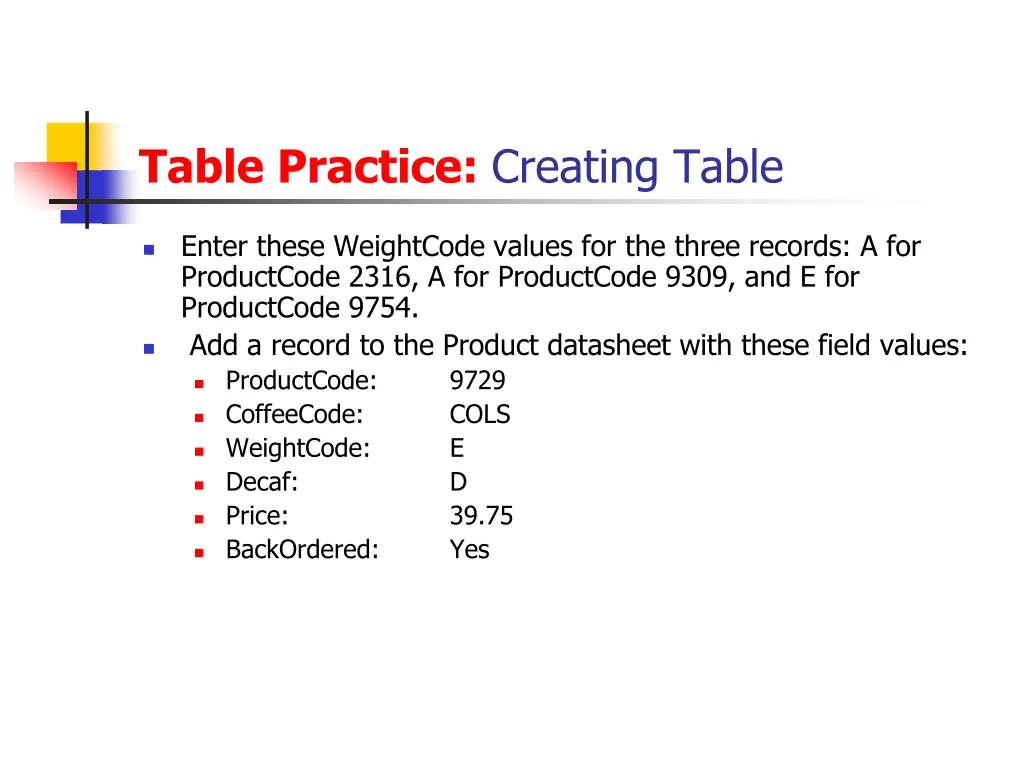 table practice creating table 3