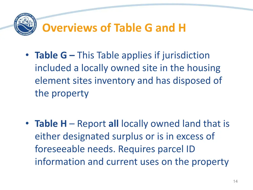 overviews of table g and h