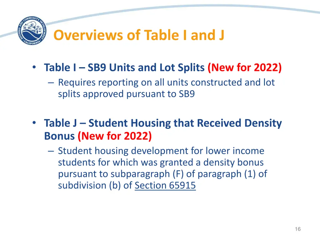 overviews of table i and j