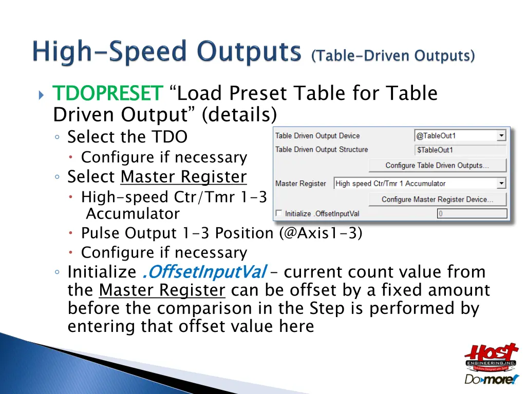 tdopreset driven output details select