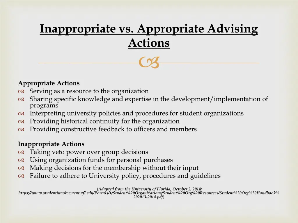 inappropriate vs appropriate advising actions