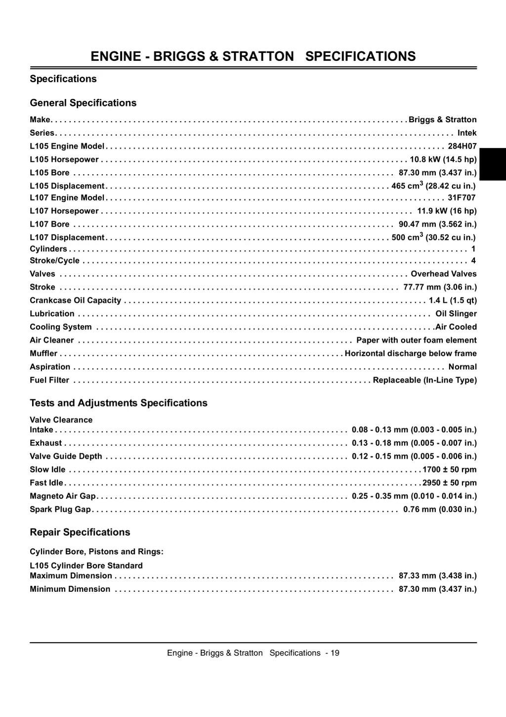 engine briggs stratton specifications