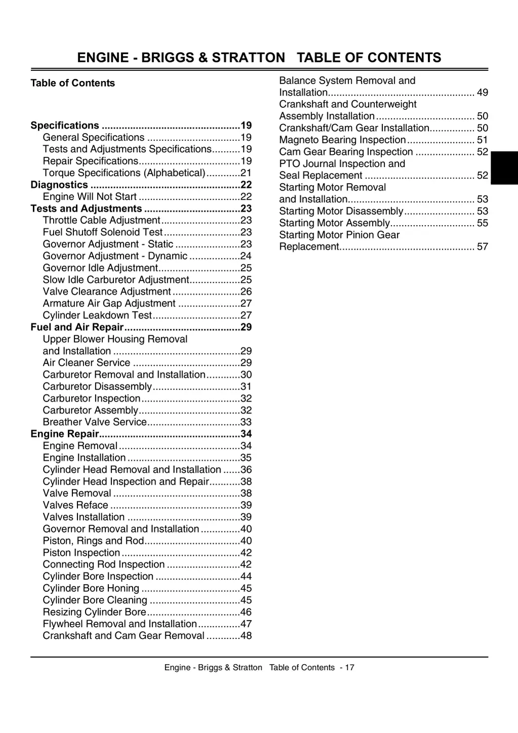 engine briggs stratton table of contents