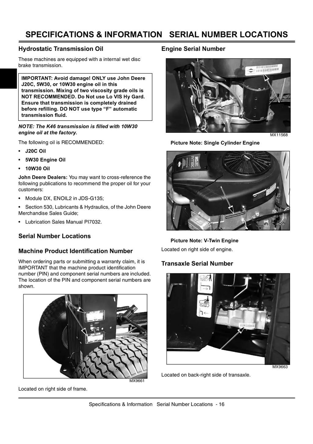 specifications information serial number locations