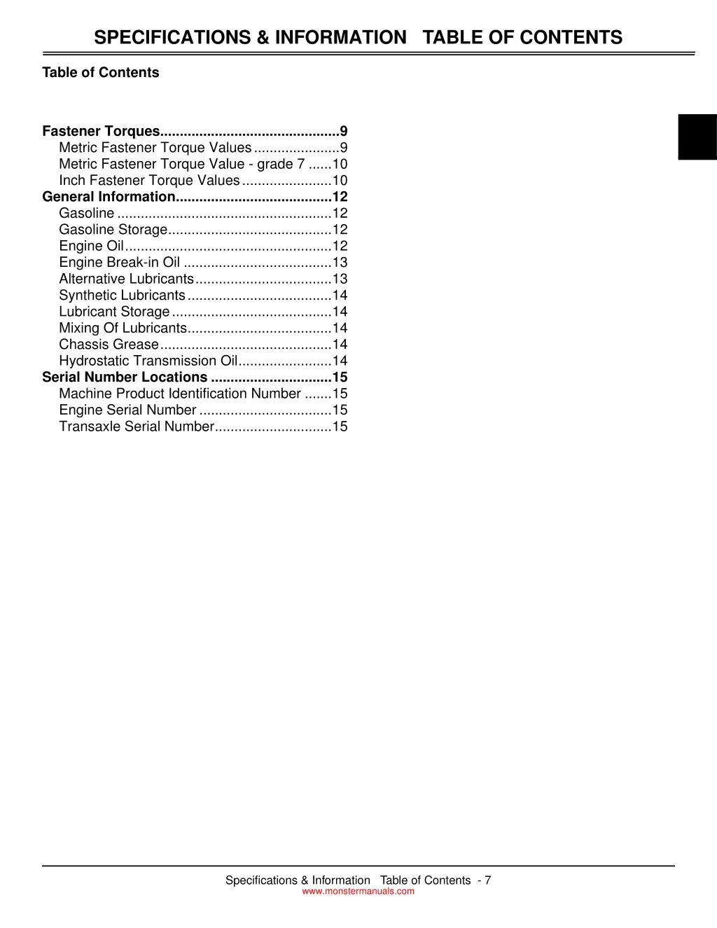 specifications information table of contents