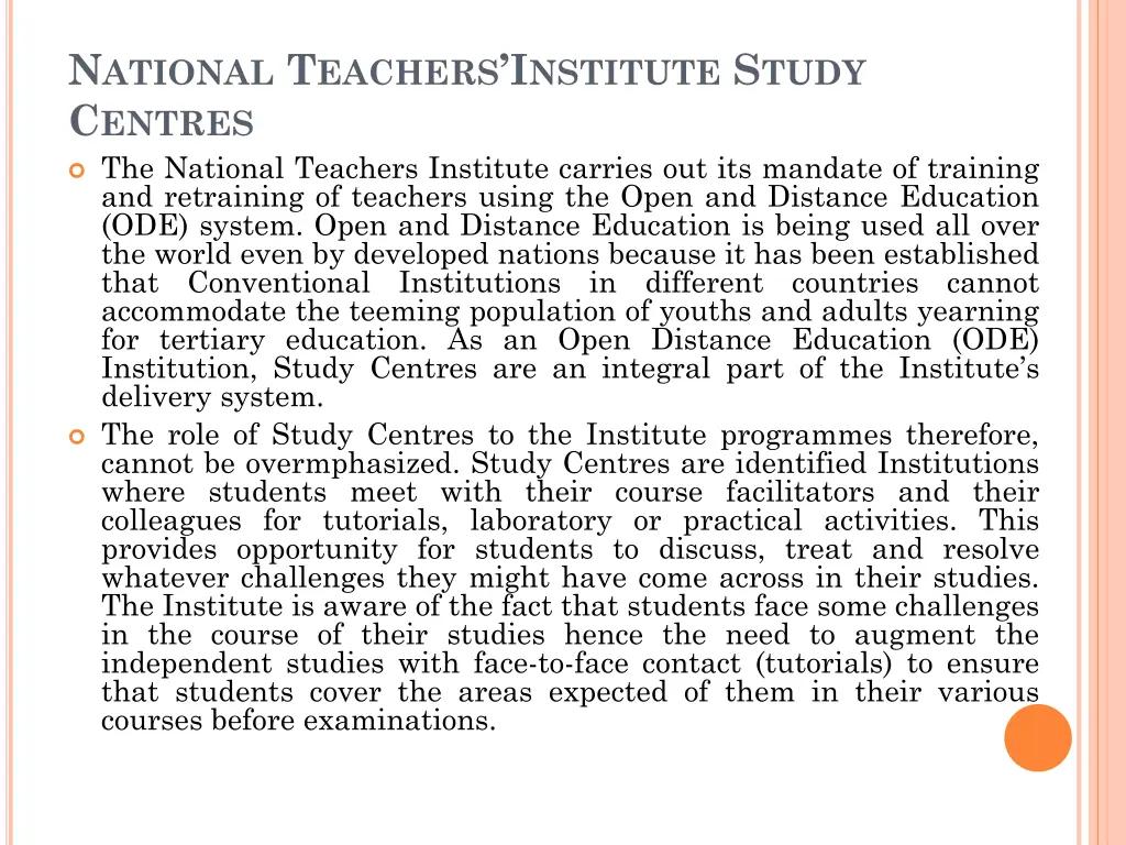 n ational t eachers i nstitute s tudy c entres