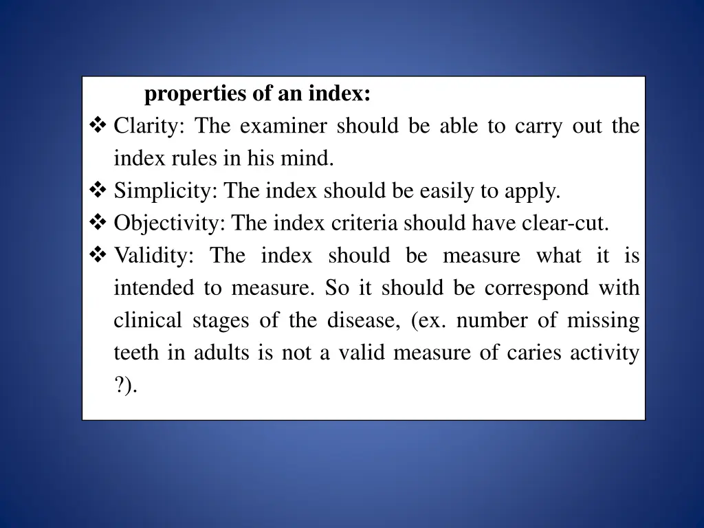 ideal properties of an index clarity the examiner