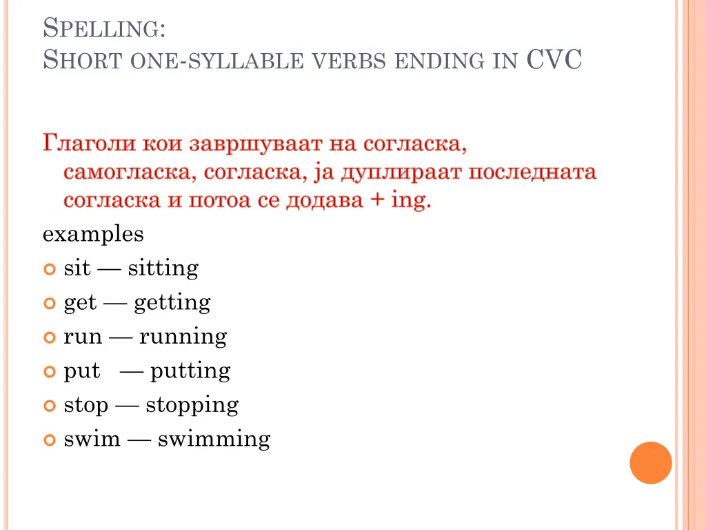 s pelling s hort one syllable verbs ending in cvc