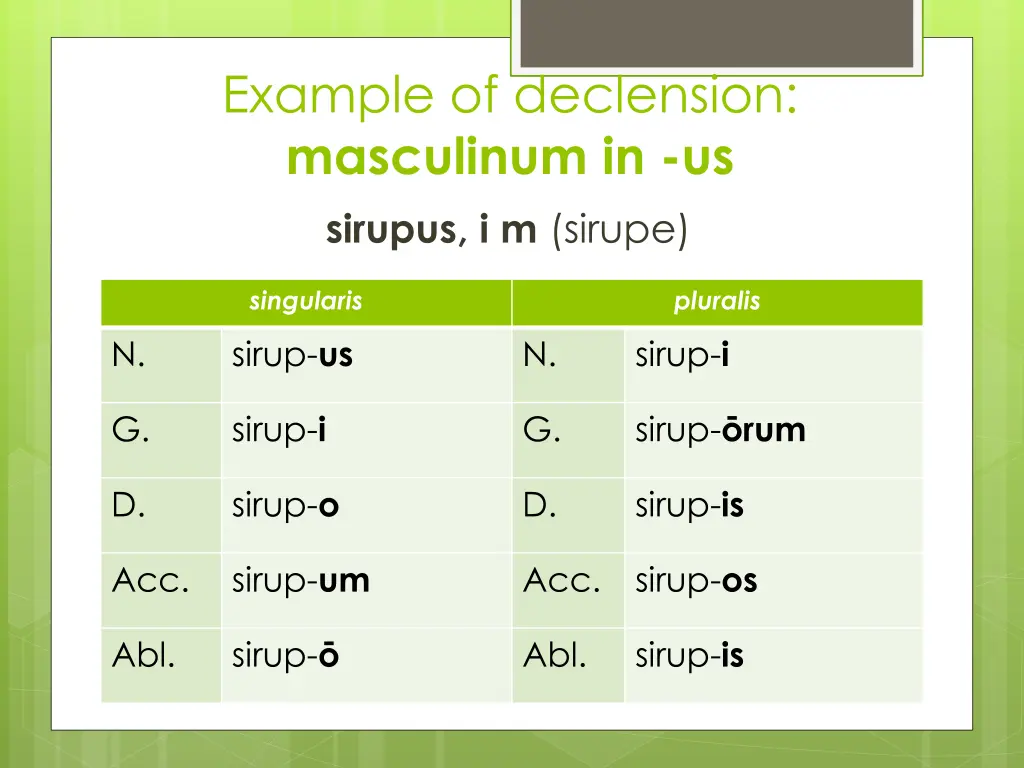 example of declension masculinum in us sirupus