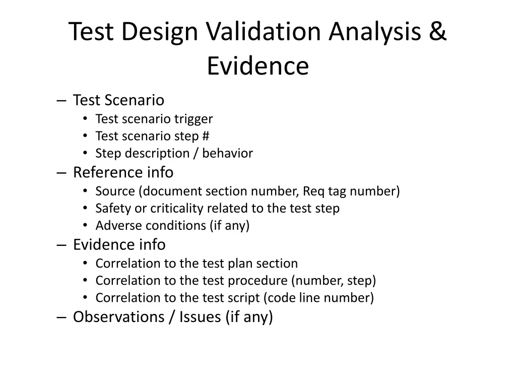 test design validation analysis evidence test