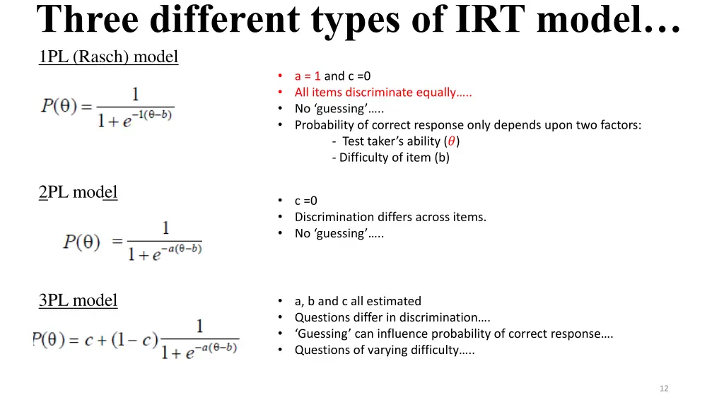 three different types of irt model 1pl rasch