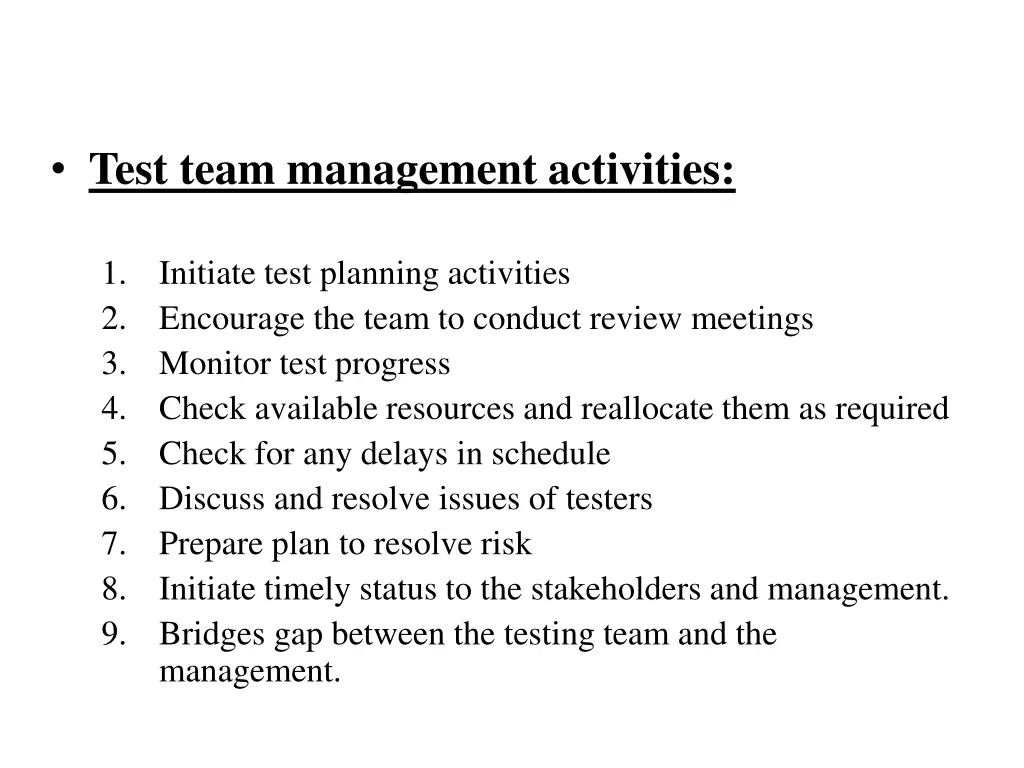 test team management activities