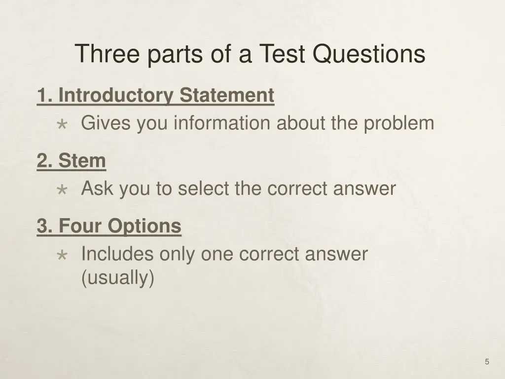 three parts of a test questions