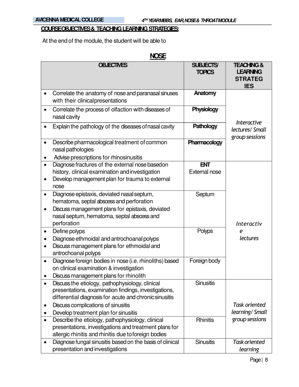 avicenna medical college course objectives