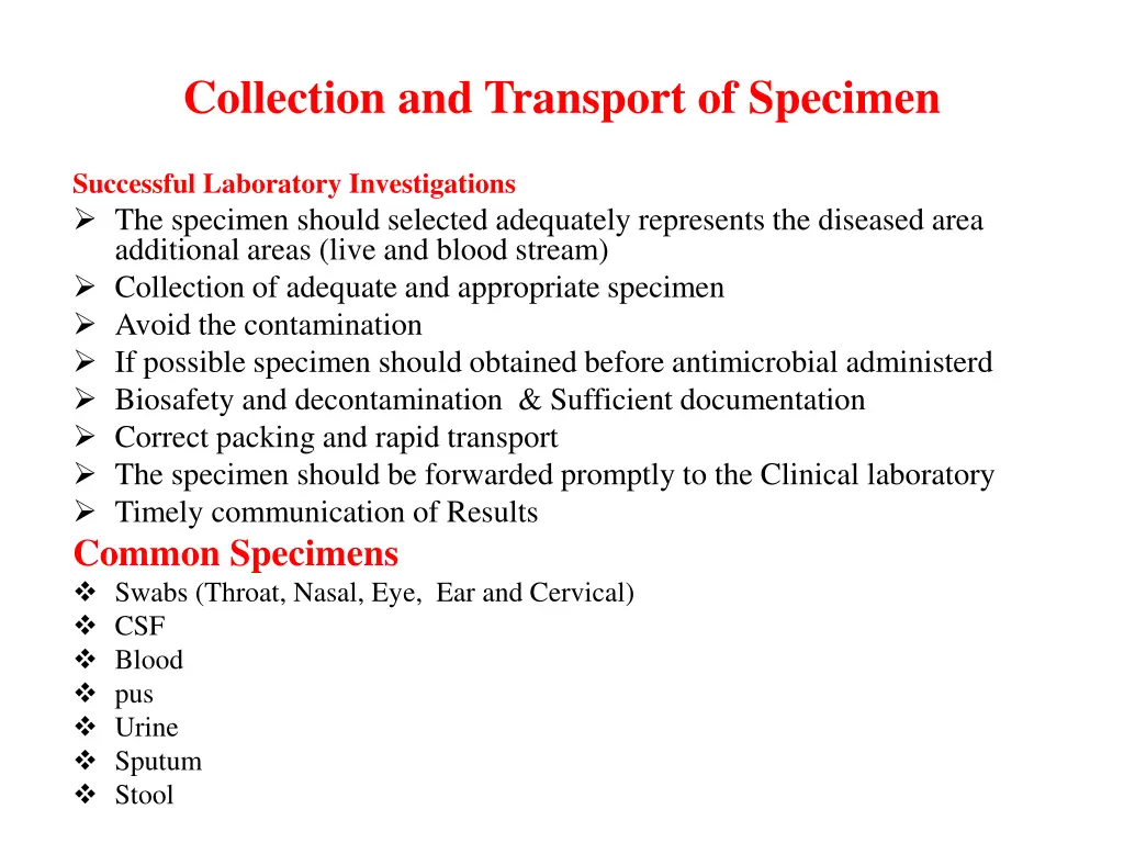 collection and transport of specimen