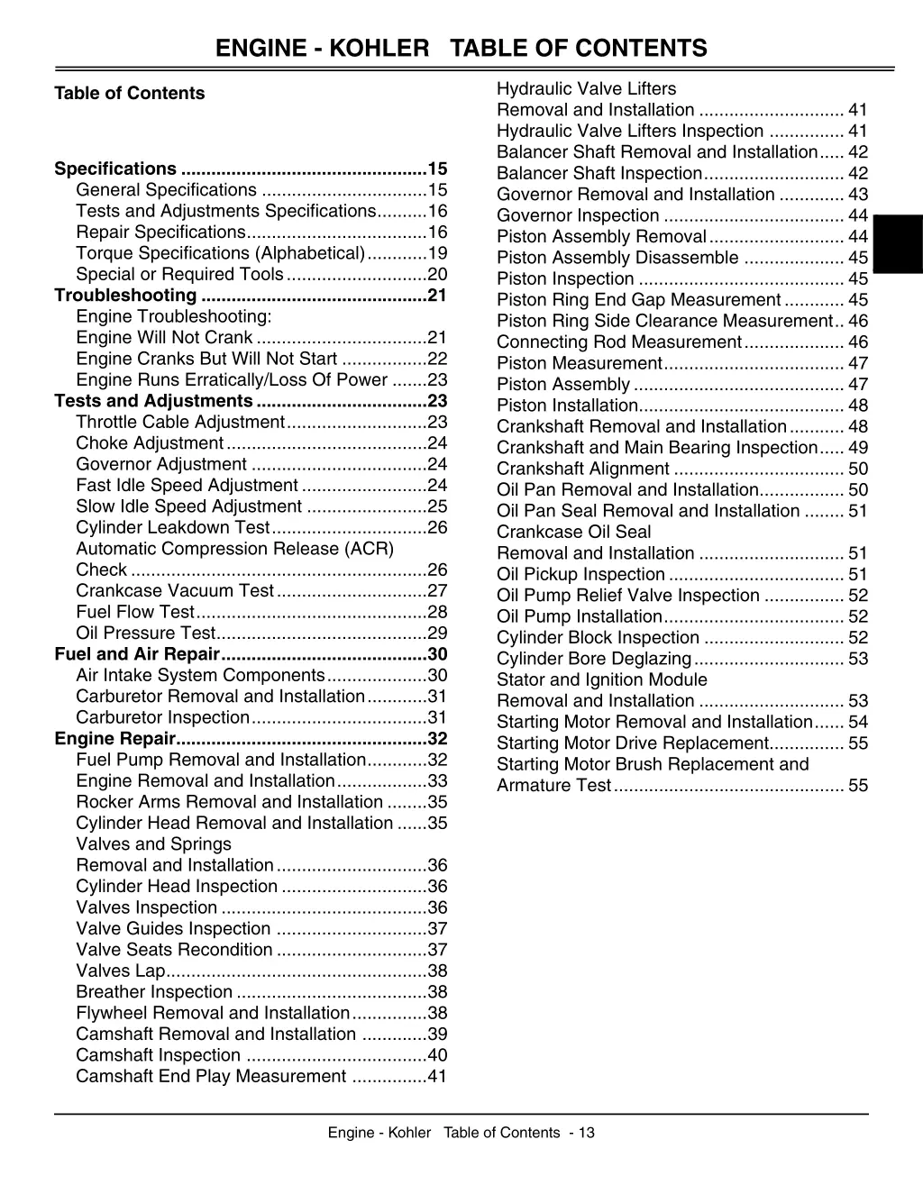 engine kohler table of contents