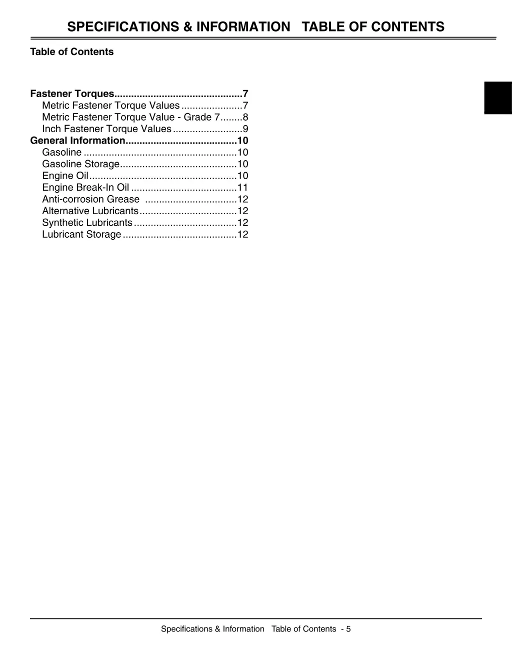 specifications information table of contents