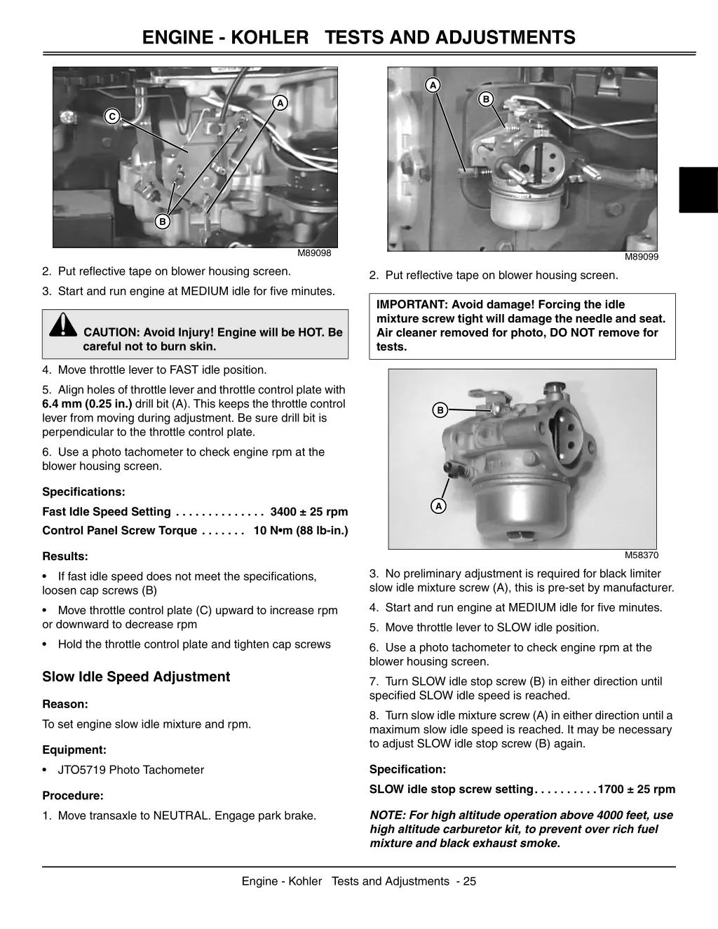 engine kohler tests and adjustments 2