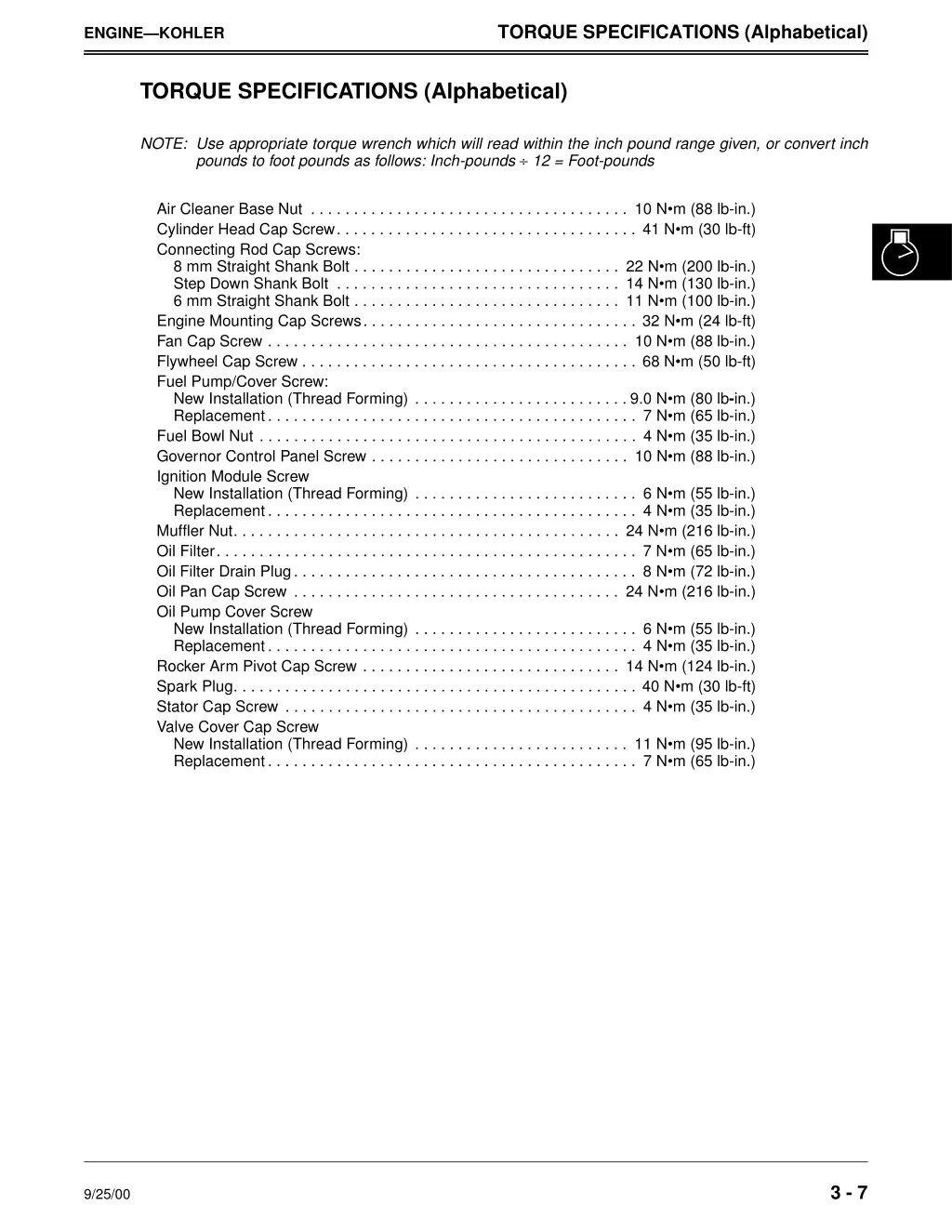 torque specifications alphabetical