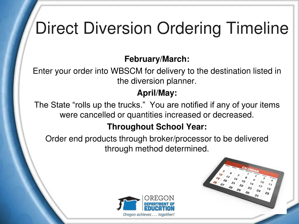 direct diversion ordering timeline