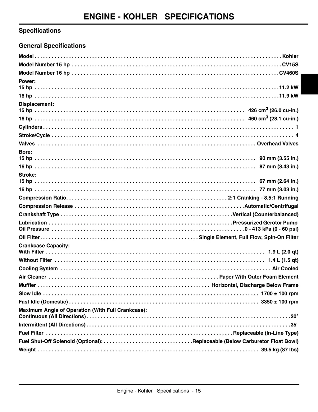 engine kohler specifications