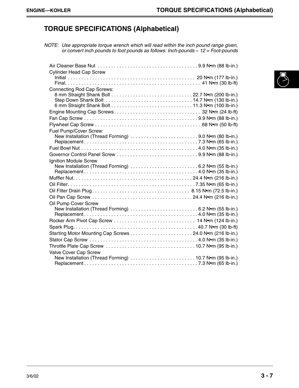 torque specifications alphabetical