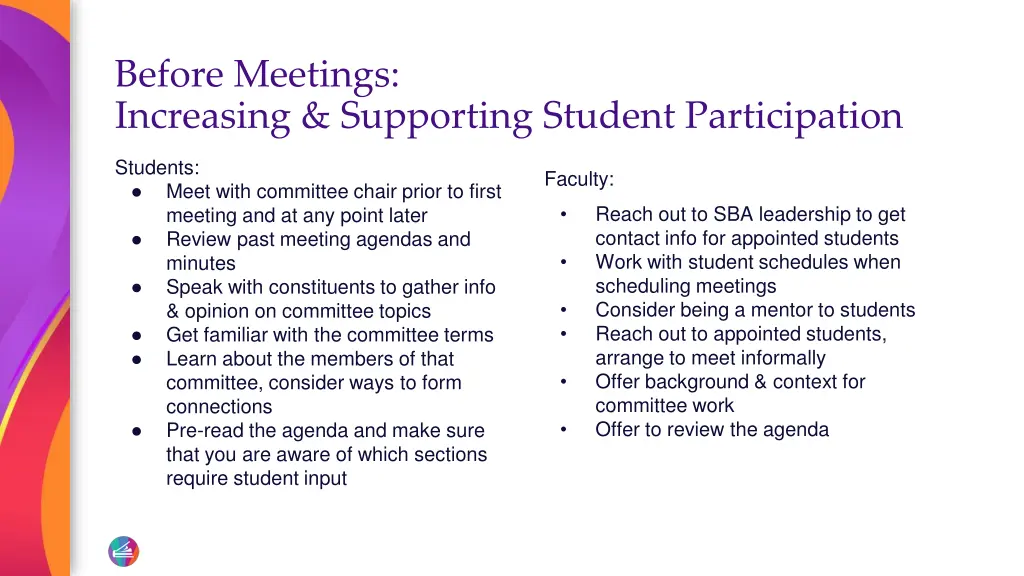 before meetings increasing supporting student