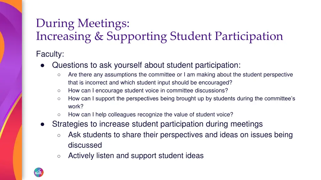 during meetings increasing supporting student 1