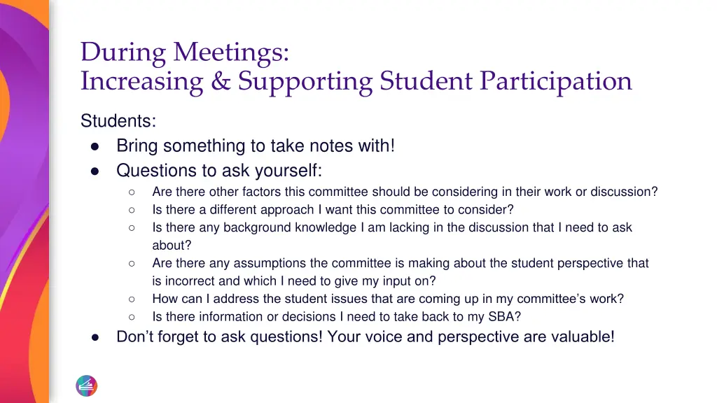 during meetings increasing supporting student