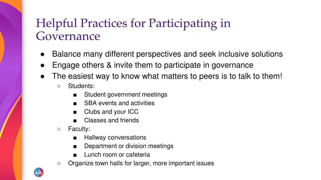 helpful practices for participating in governance