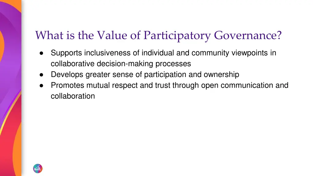 what is the value of participatory governance