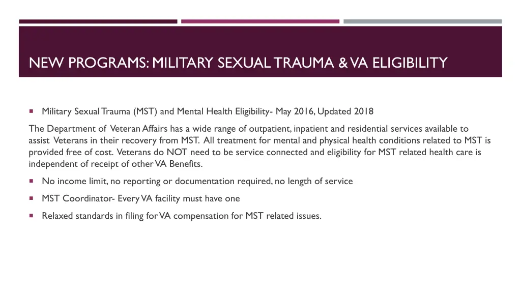 new programs military sexual trauma va eligibility