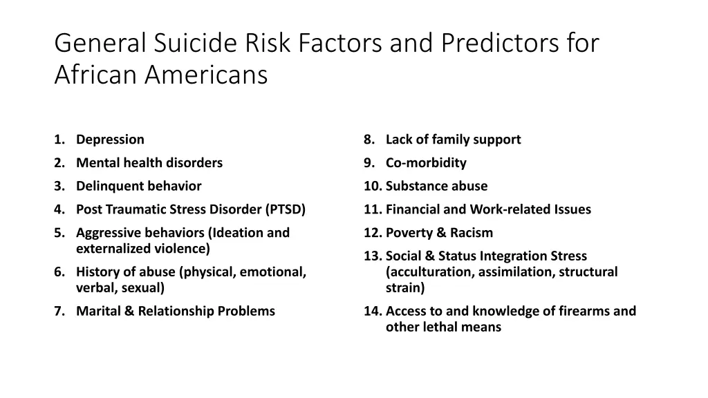 general suicide risk factors and predictors