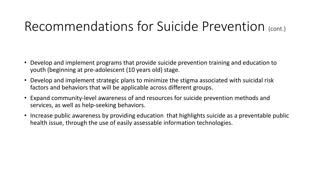 recommendations for suicide prevention cont 1