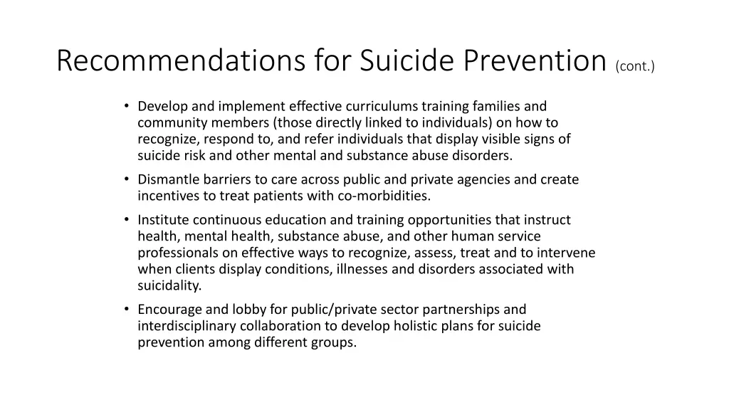 recommendations for suicide prevention cont