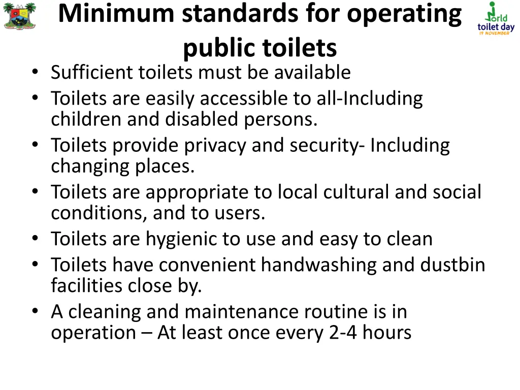 minimum standards for operating public toilets