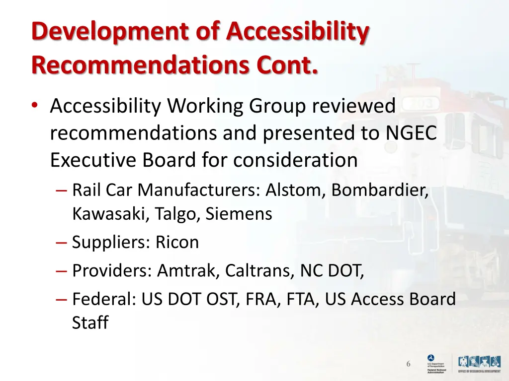 development of accessibility recommendations cont