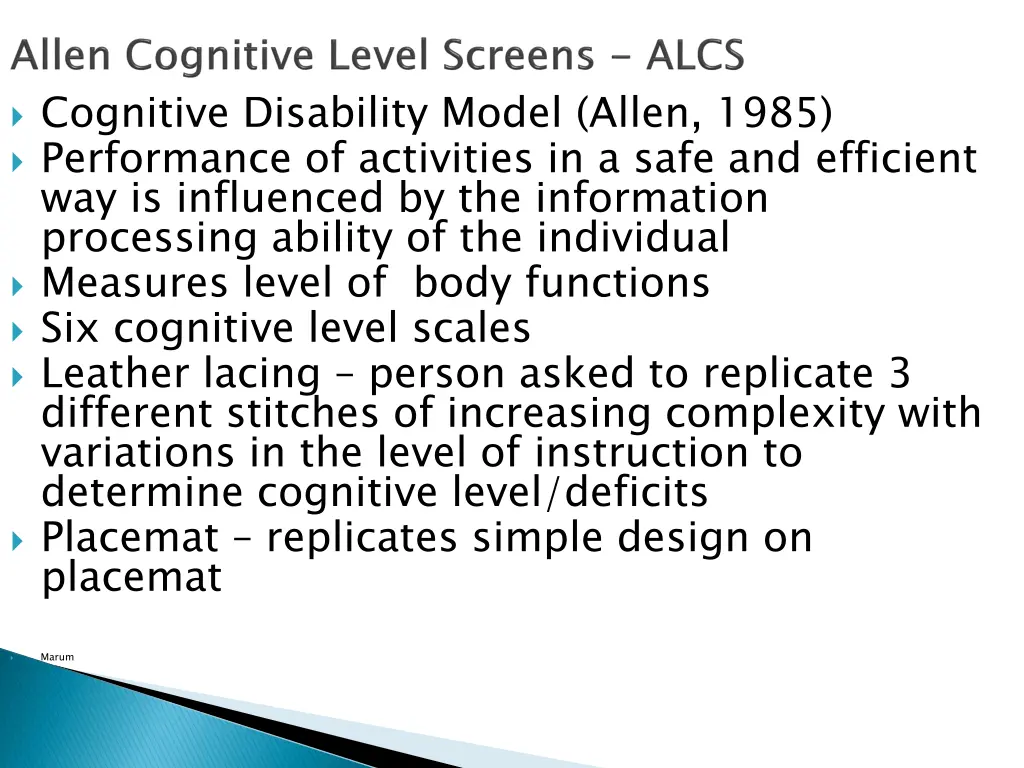 cognitive disability model allen 1985 performance