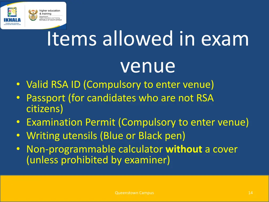 items allowed in exam venue