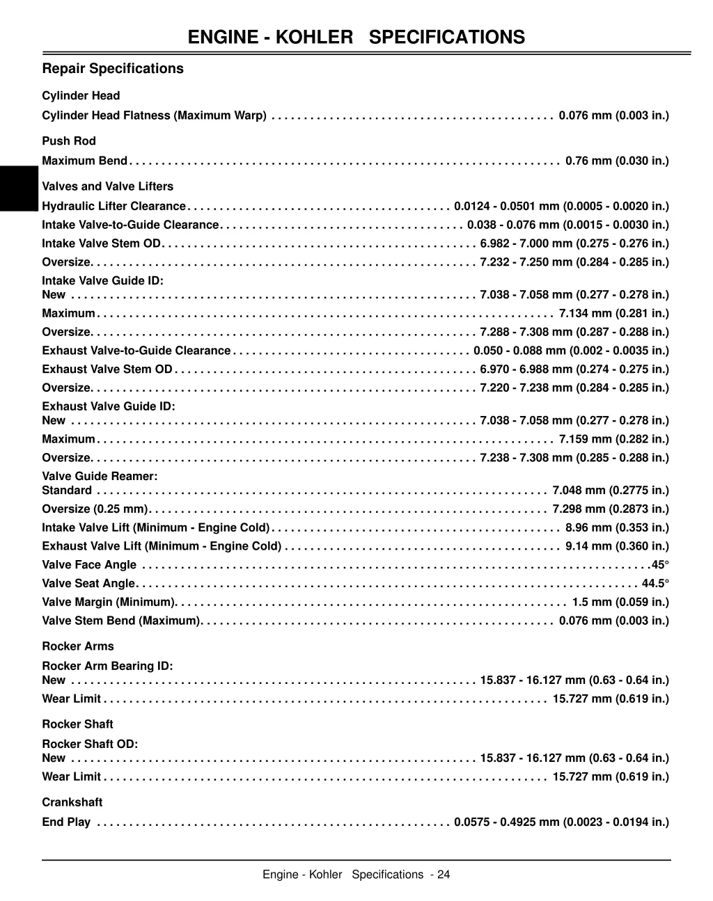 engine kohler specifications 1