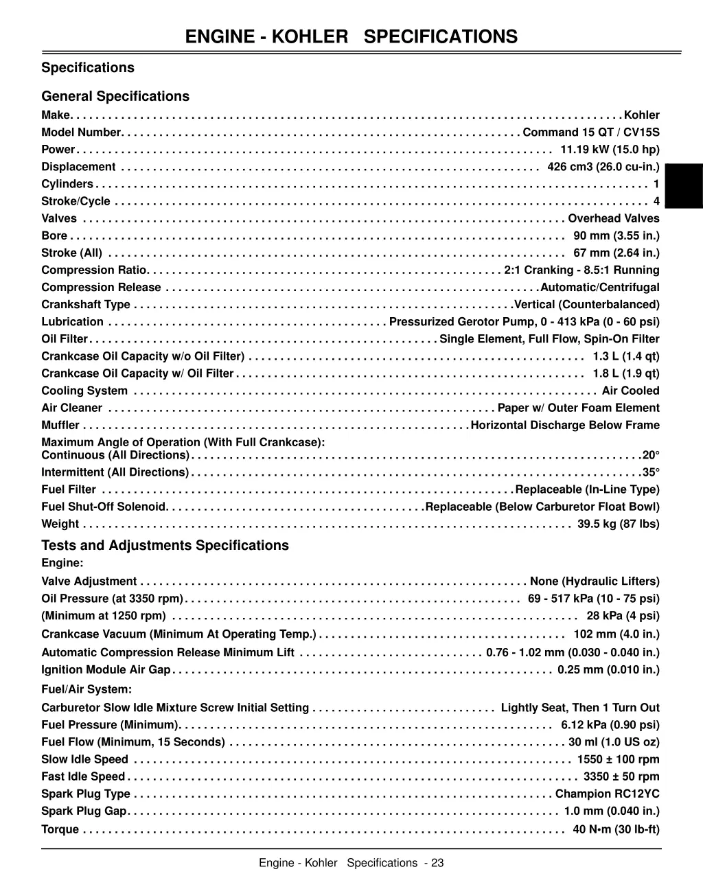 engine kohler specifications