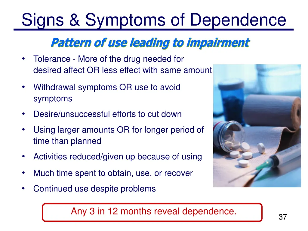 signs symptoms of dependence