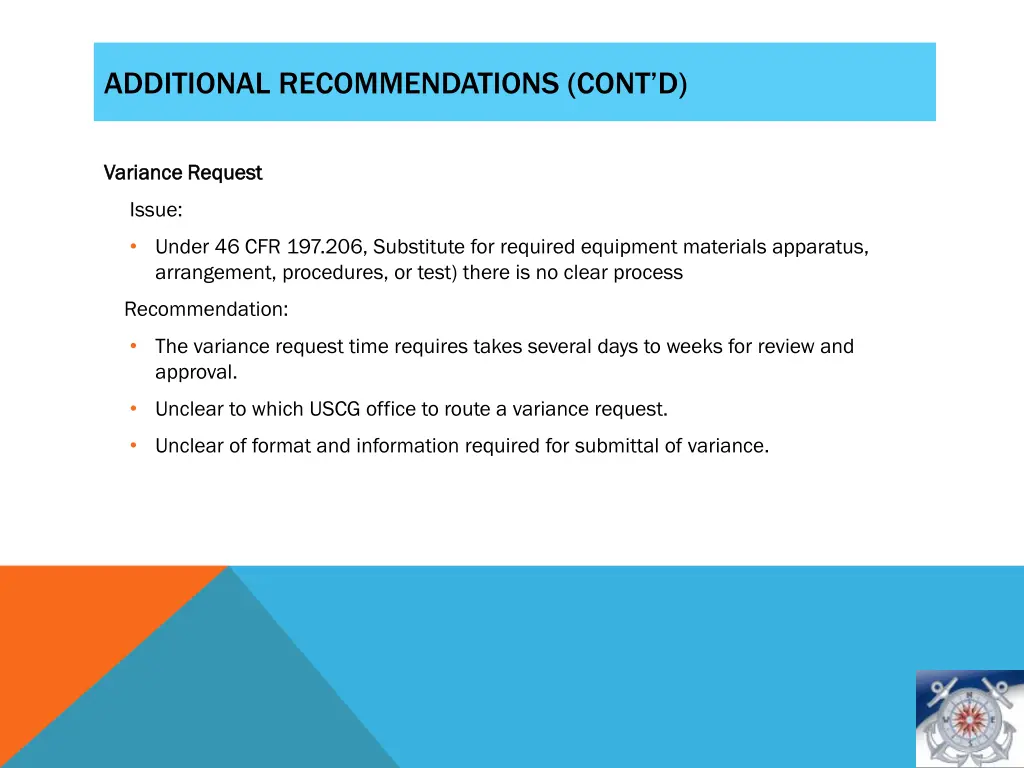 additional recommendations cont d