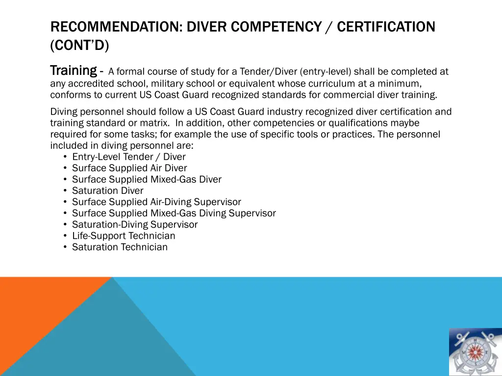 recommendation diver competency certification 1