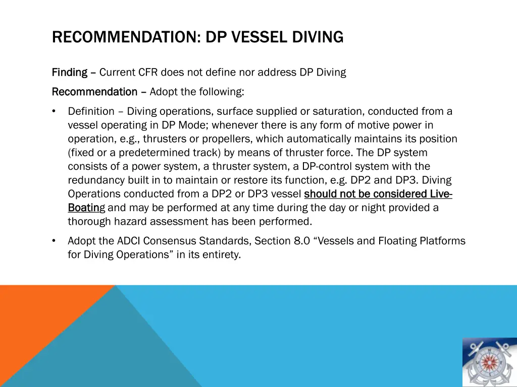 recommendation dp vessel diving