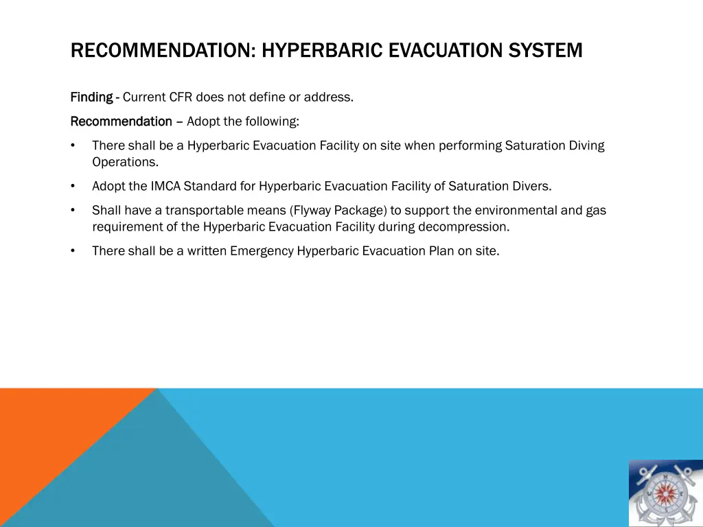 recommendation hyperbaric evacuation system